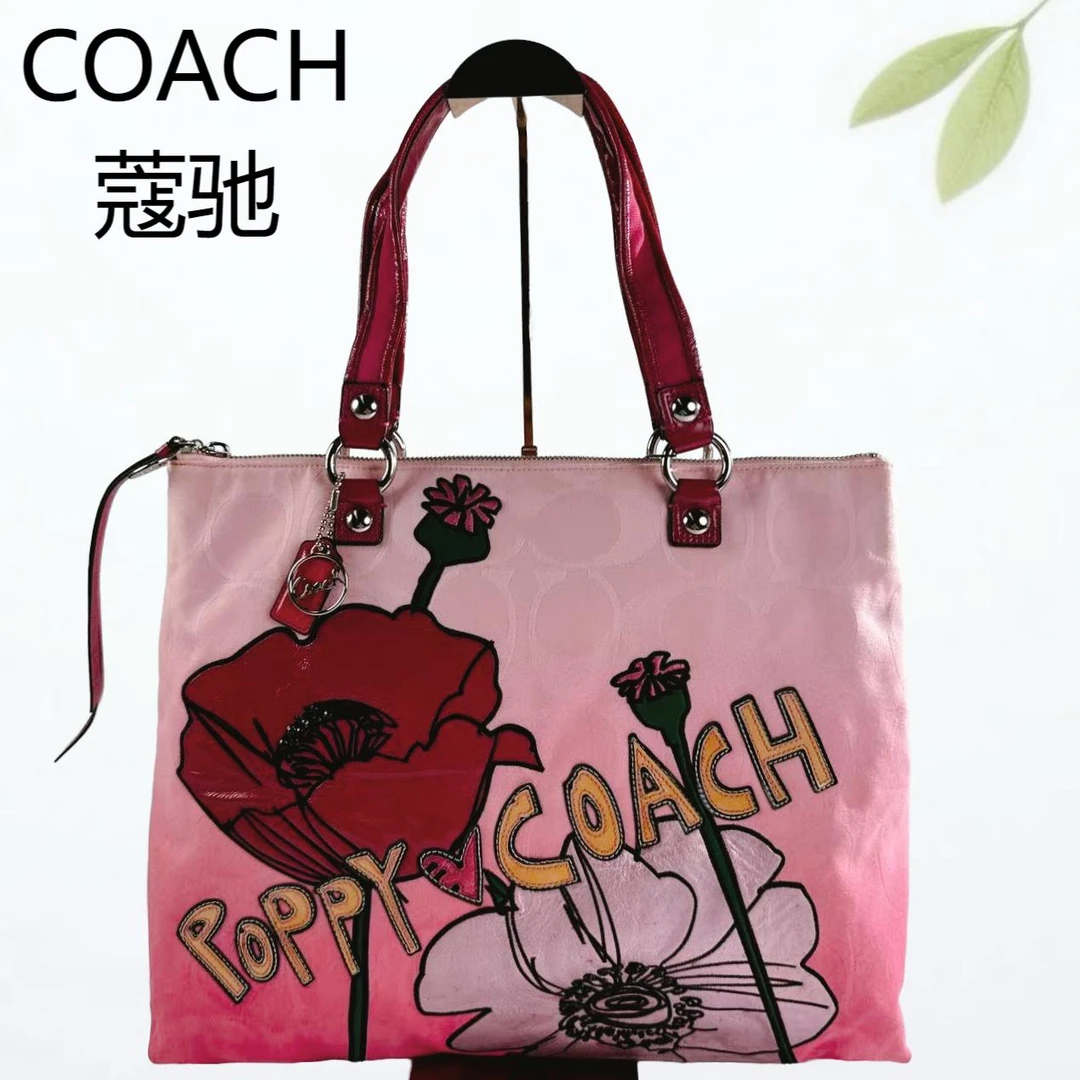 95新 COACH/蔻驰 粉色红花托特单肩包G25703491底长39X34