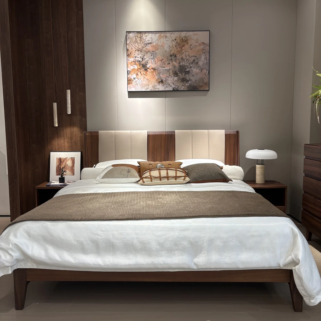 MK612#实木床胡桃木1.8米主卧现代简约双人床1.5米实木软包两用