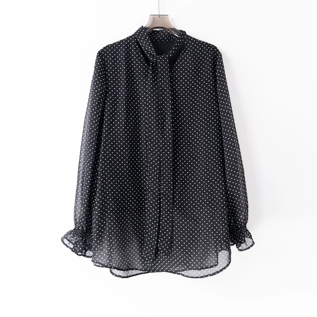 PS250311设计师款长袖春夏新款复古波点印花宽松衬衫飘带时尚衬衫
