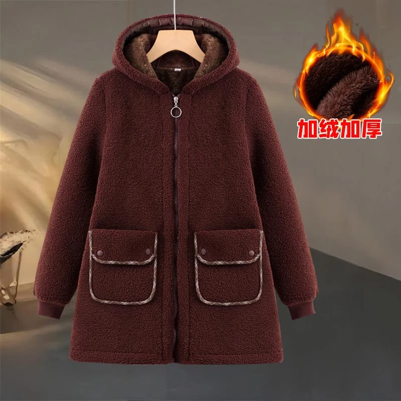中老年妈妈冬装摇粒绒加厚连帽外套加绒保暖中长款羊羔绒奶奶棉袄