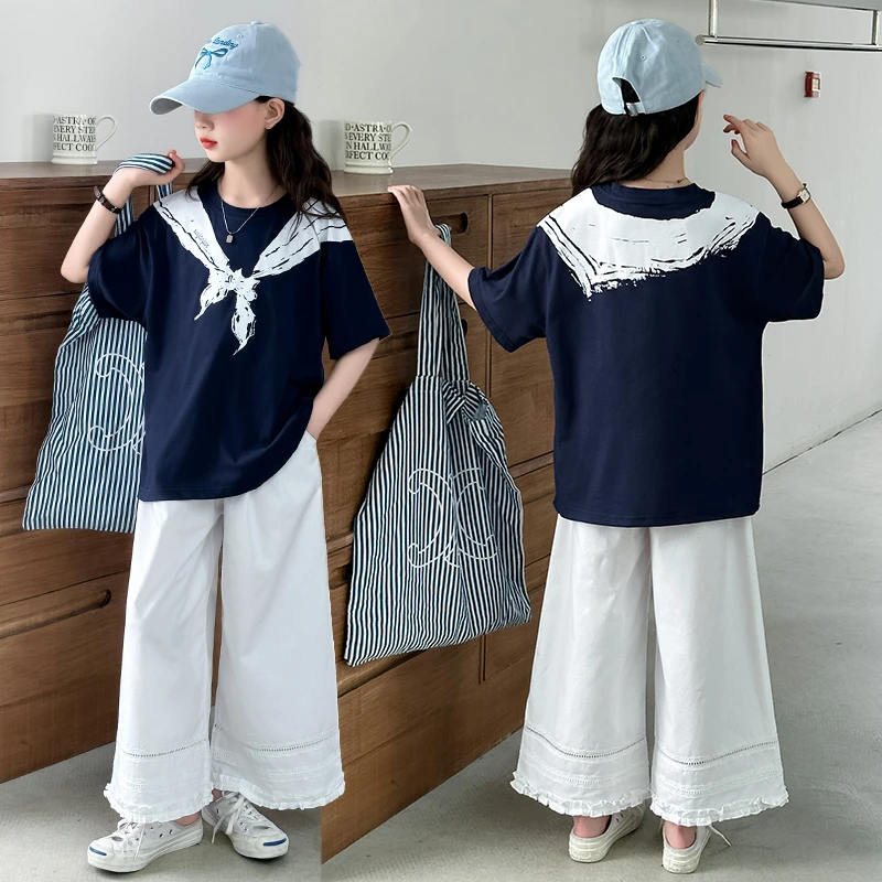 女童夏装套装2025新款洋气儿童夏季薄款短袖宽松上衣阔腿裤两件套