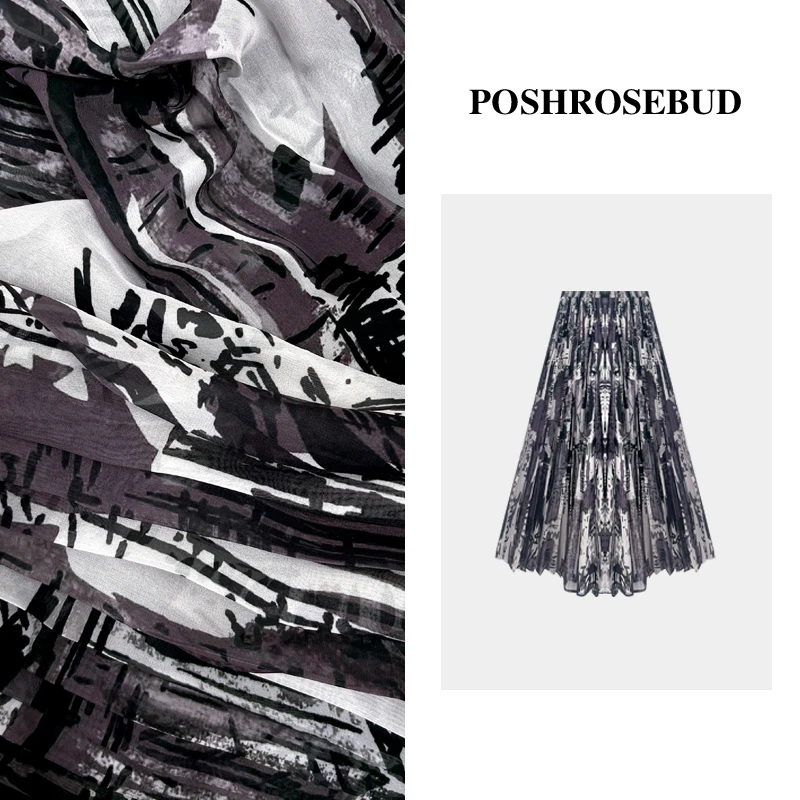 POSHROSEBUD【晚墨】复古印花褶皱大摆高腰气质显瘦裤裙-W61272