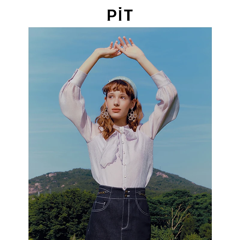pit复古长袖领结衬衫内搭百搭款2025新款泡泡袖法式衬衣上衣气质