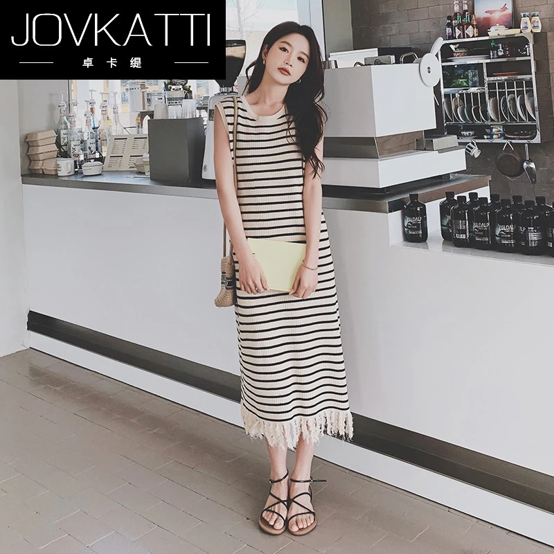 Jovkatti条纹无袖连衣裙女夏2025新款韩版小众设计流苏盐系穿搭