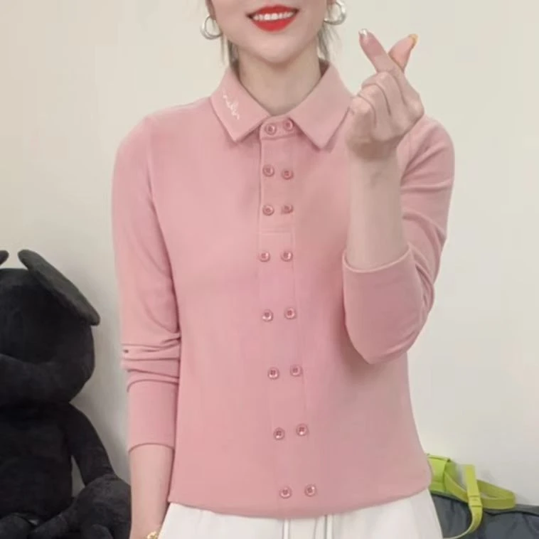 2025轻奢高街风T恤百搭女常规冬季双面绒刺绣长袖翻领女士5832