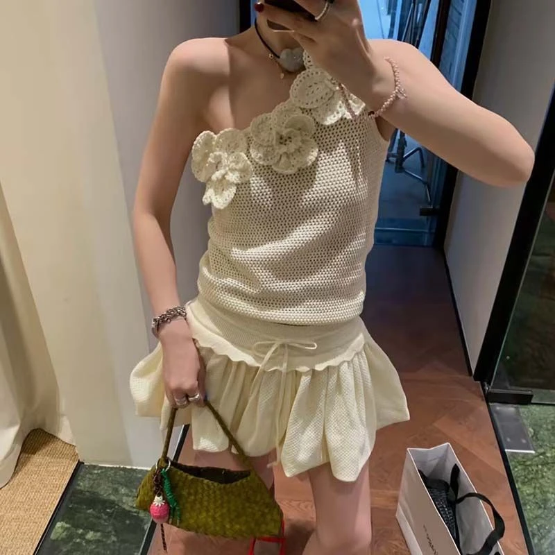 两件套/单件韩系潮流镂空设计感花朵背心+少女感a字半身裙套装女