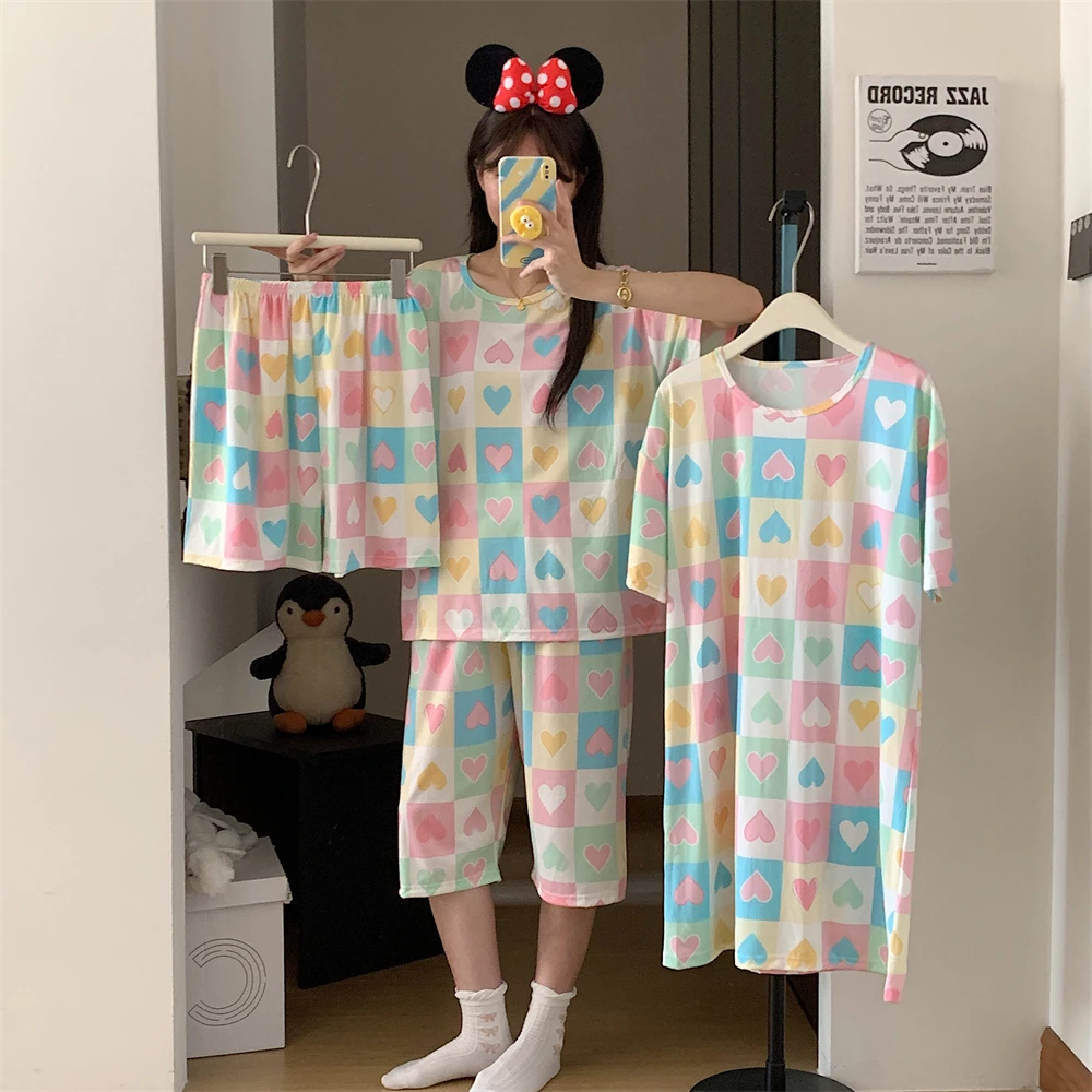 【新款四件套】新款睡衣女夏季短袖薄款宽松夏天休闲家居服套装