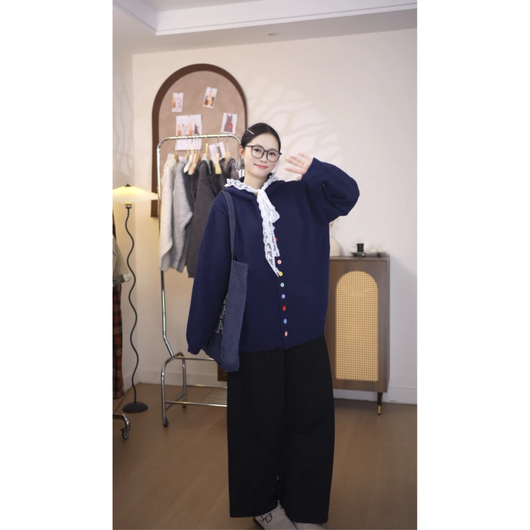 【蕾丝彩扣帽衫】休闲针织百搭秋冬连帽针织毛线外套