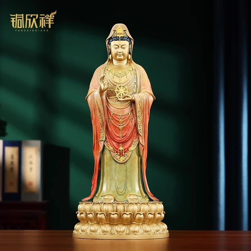 铜欣祥《彩铜观音菩萨》普陀观世音站像摆件家居装饰供奉佛像工艺品