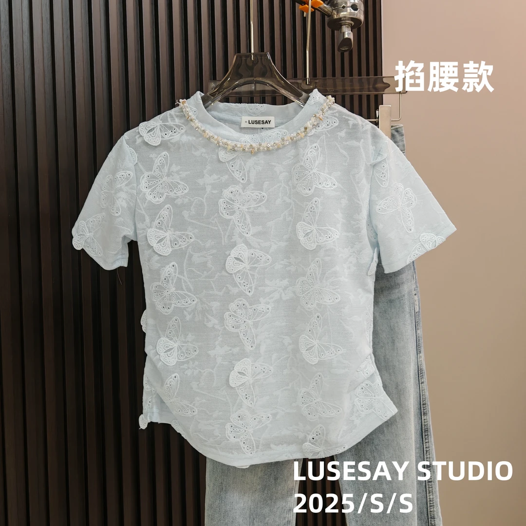 LUSESAY 重工圆领刺绣蝴蝶 夏季2025新款 短袖t恤女显瘦掐腰上衣
