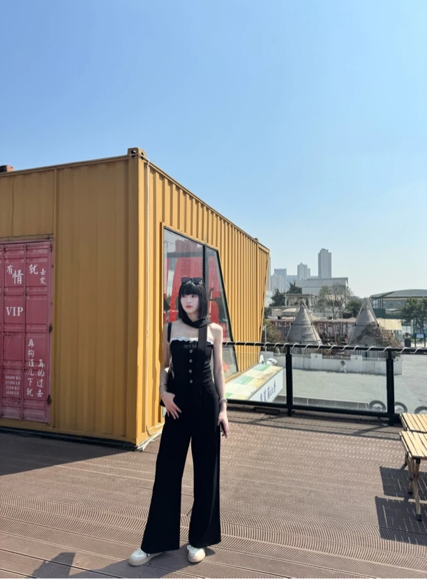 小个子黑色背带阔腿裤减龄高腰显瘦连体裤女春季新款