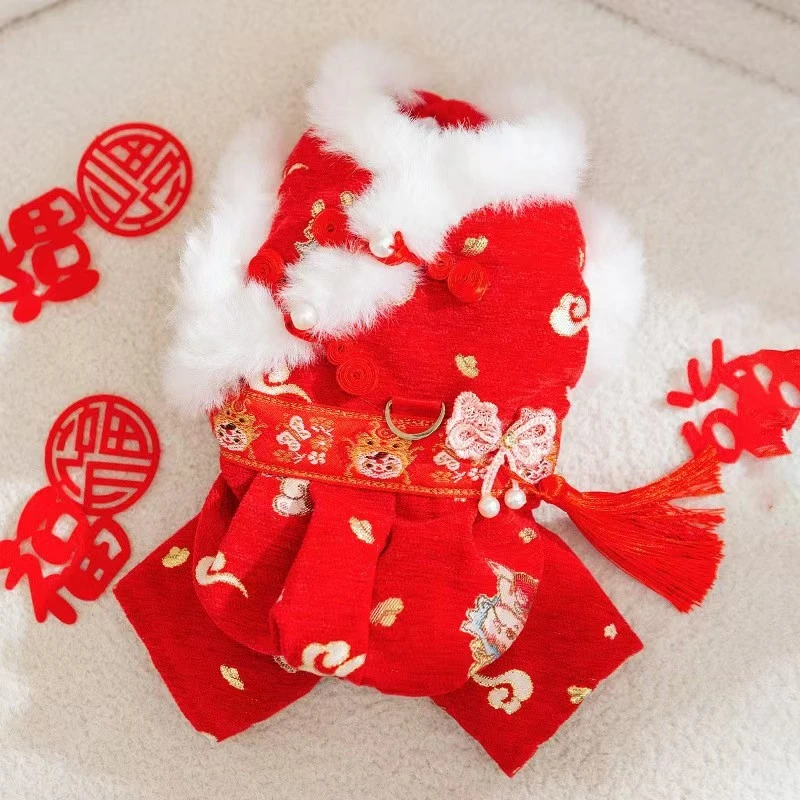 宠物猫狗宝宝唐装四脚衣新年红色汉服结婚衣服泰迪比熊猫咪冬衣服