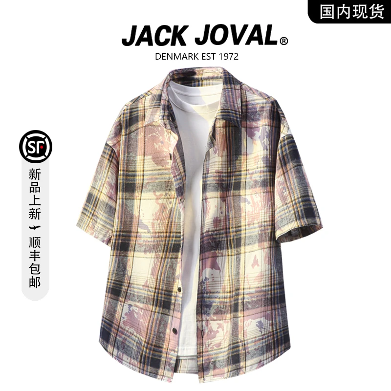 【品牌现货撤柜】JACK JOVAL夏季衬衣潮牌扎染格纹休闲短袖衬衫男女