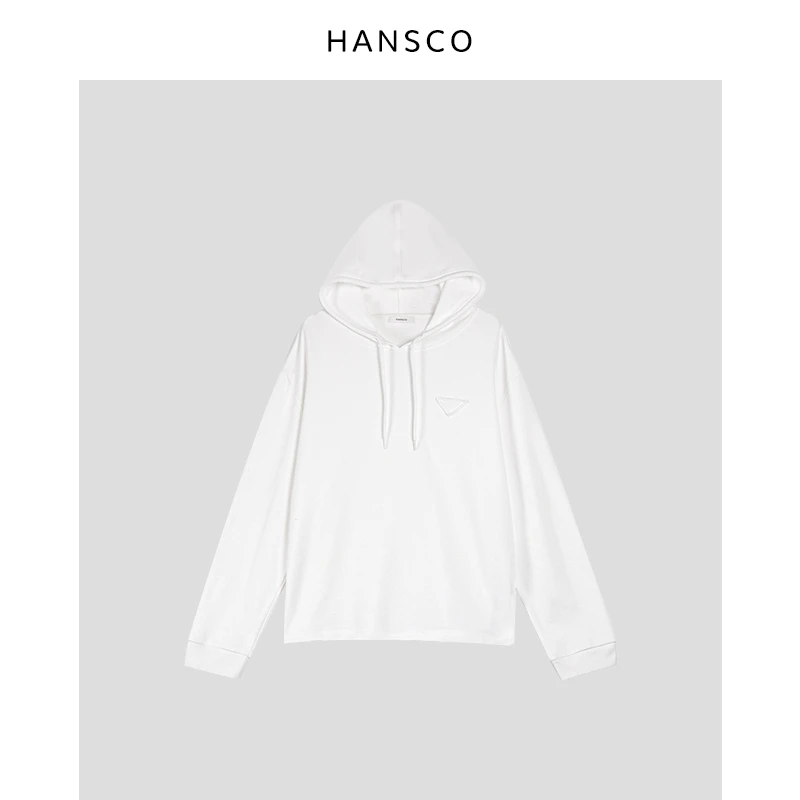 Hansco 藏肉利器~白色三角标抽绳连帽卫衣女宽松休闲 H2306AWY156
