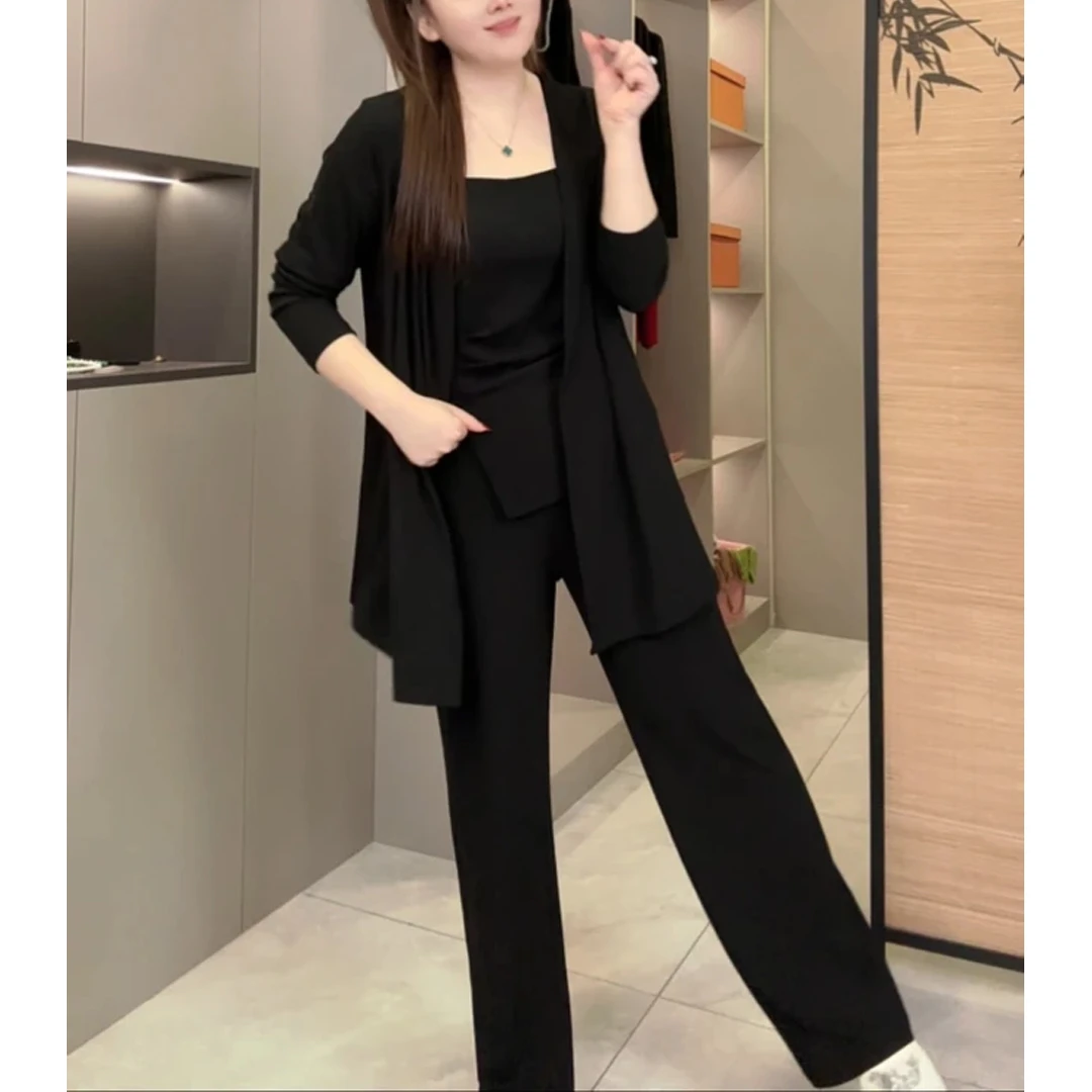 2025秋季新款时尚胖mm大码显瘦长袖开衫外搭垂感直筒裤三件套装女