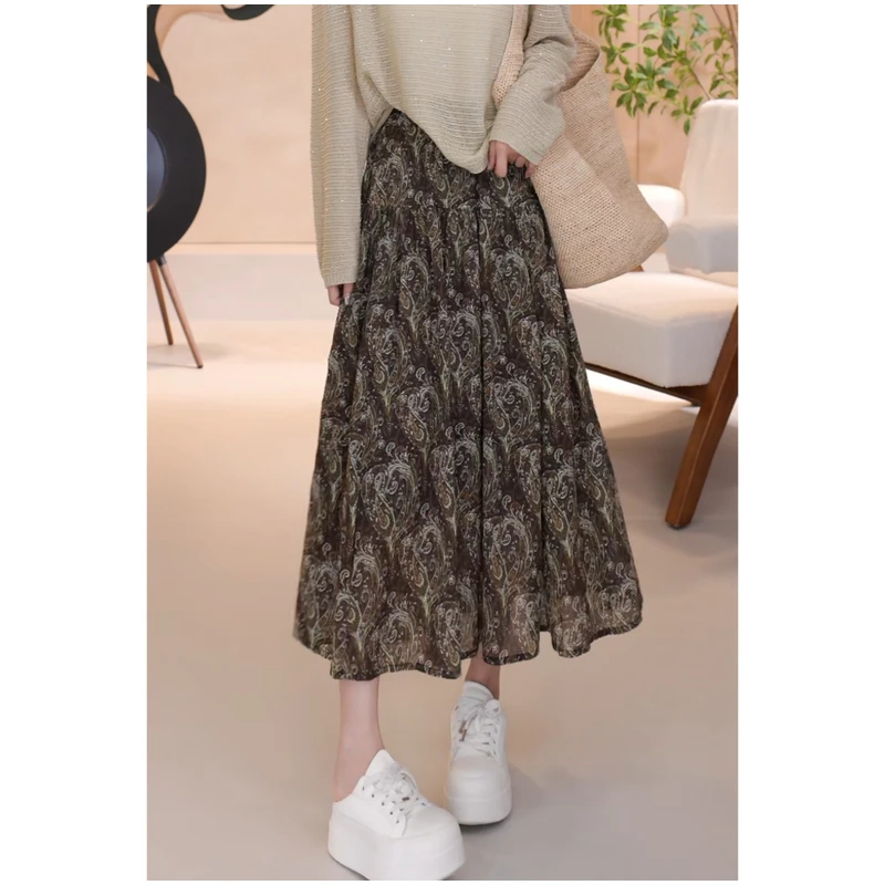 C03114春季新款复古森系艺术感设计感腰果碎花A字半身裙