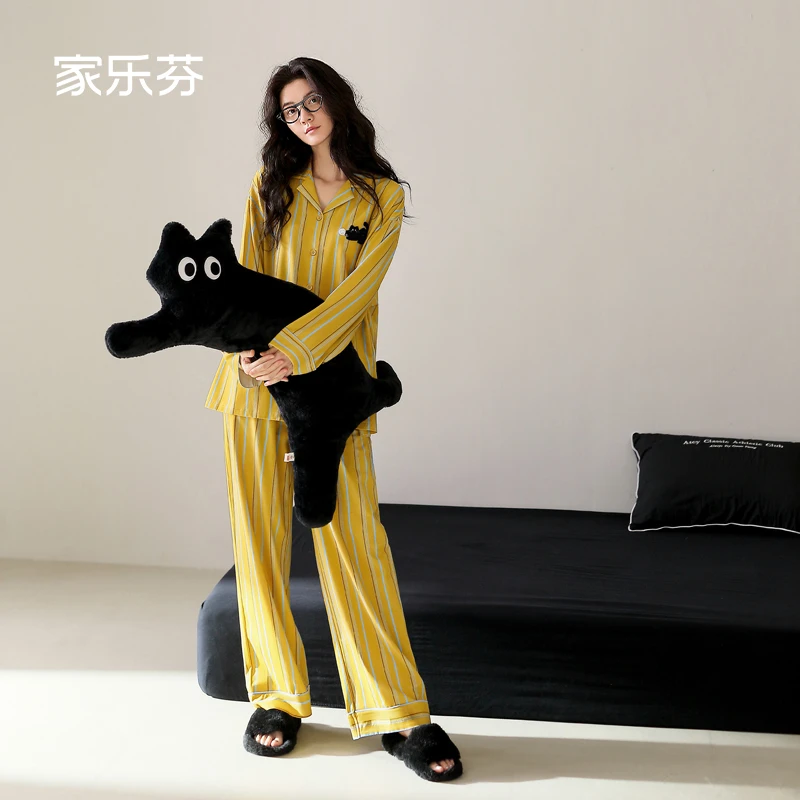 家乐芬睡衣女士春秋季纯棉长袖家居服小黑猫印花条纹时尚开衫套装