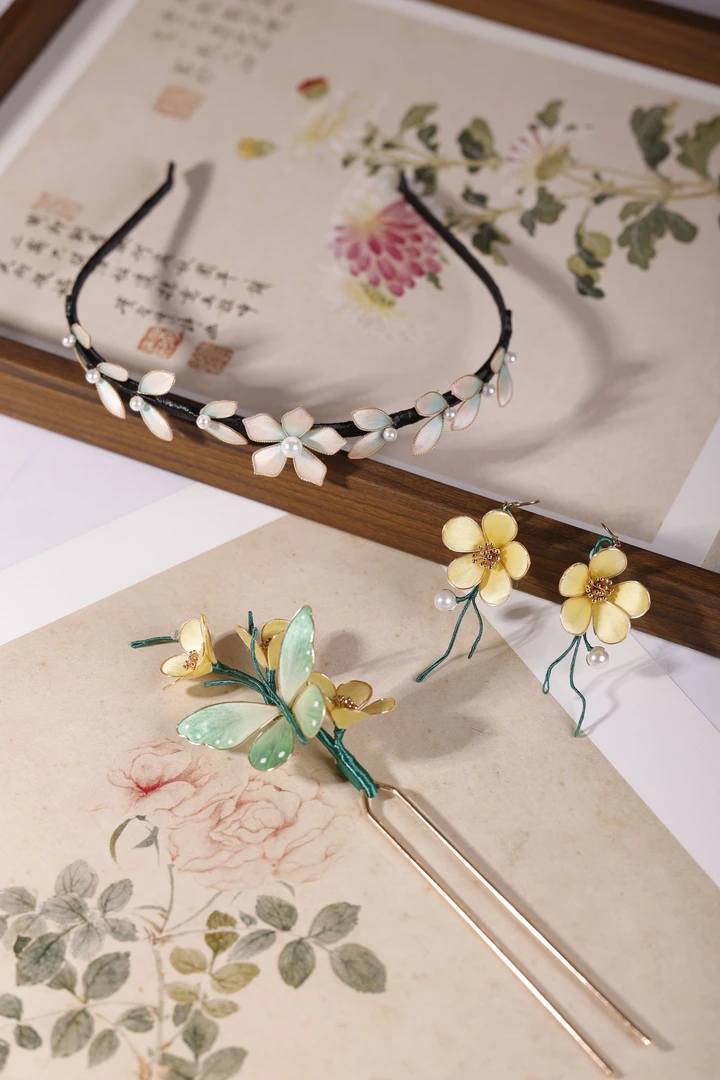 非遗绒花手工掐丝蚕丝发钗发箍耳环耳夹汉服配饰