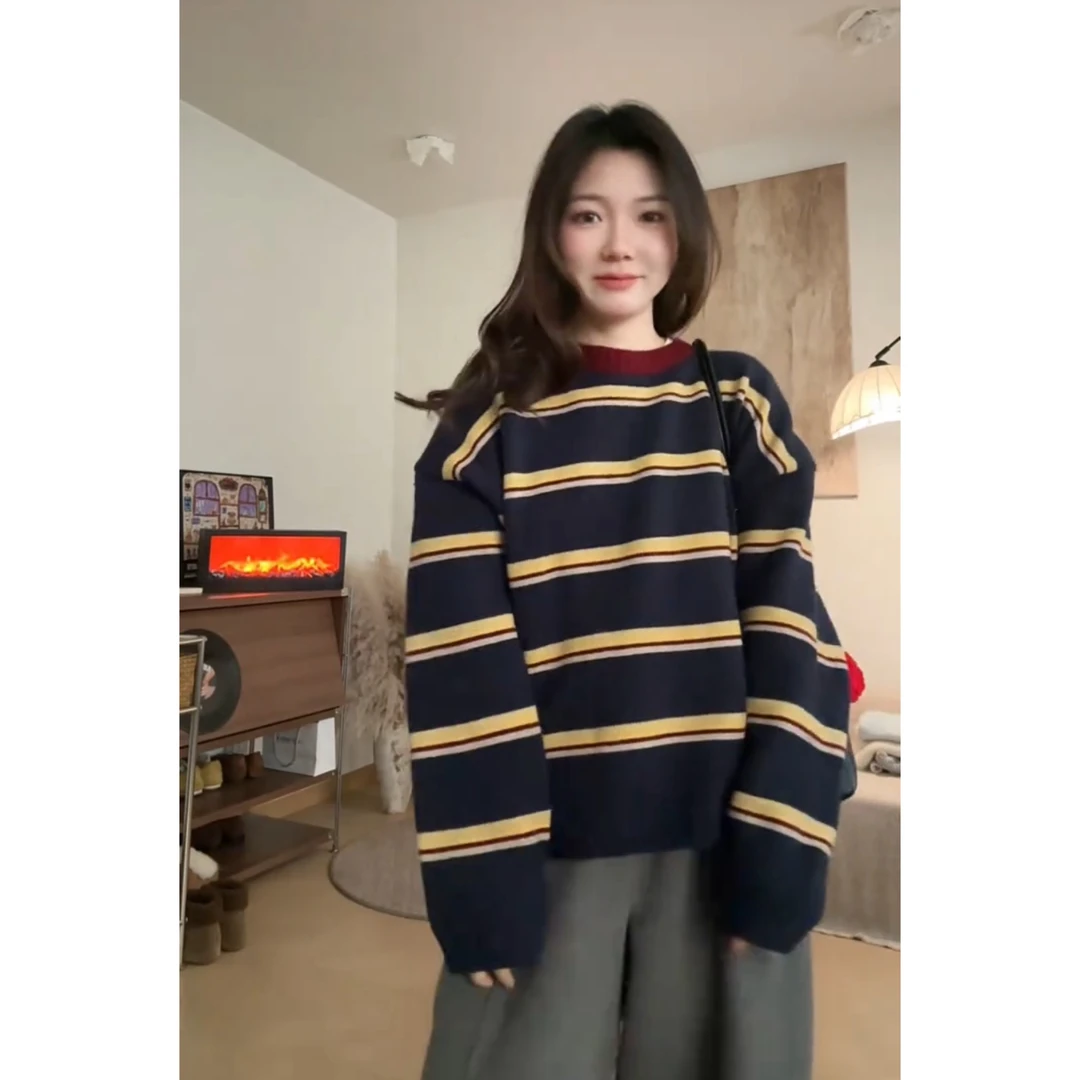 阿虞｜韩系宽松慵懒百搭条纹套头毛衣
