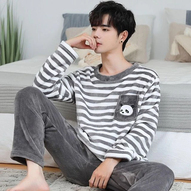 男士睡衣秋冬季款珊瑚绒法兰绒条纹家居服套装薄绒青少年宽松冬天