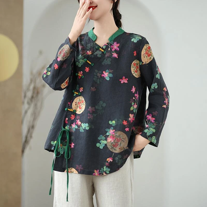 民族风大码女装中式改良印花盘扣苎麻衬衫上衣春秋棉麻T恤打底衫