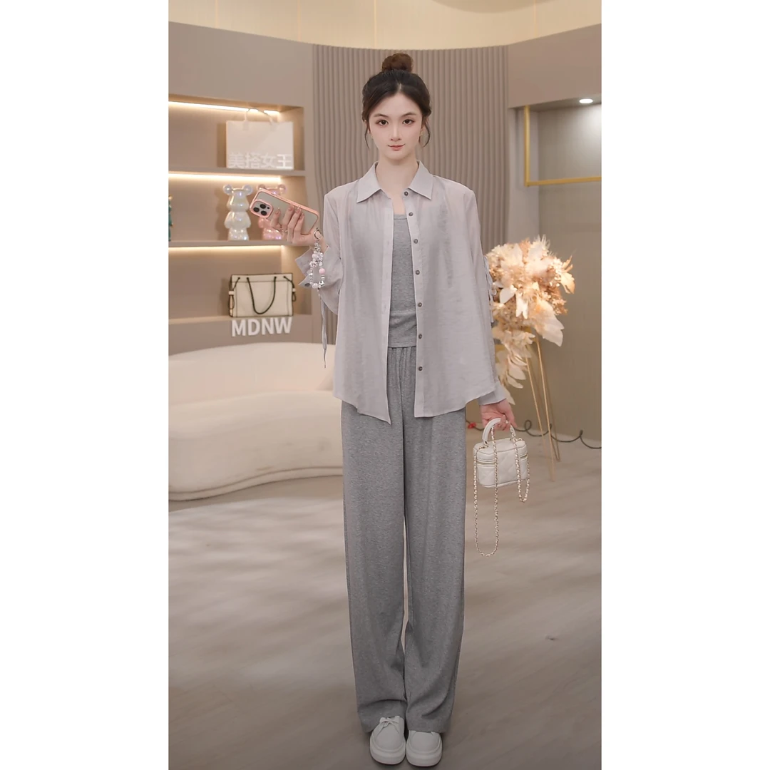 【MDNW】慵懒风衬衫套装女运动休闲裤防晒三件套TZ2042