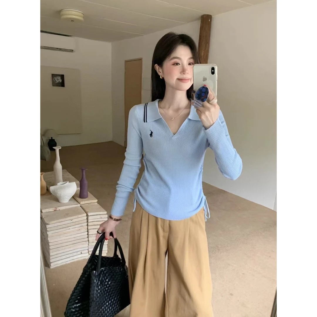 2025秋季新款抽绳时尚百搭显瘦翻领长袖针织衫女设计感上衣I4-95