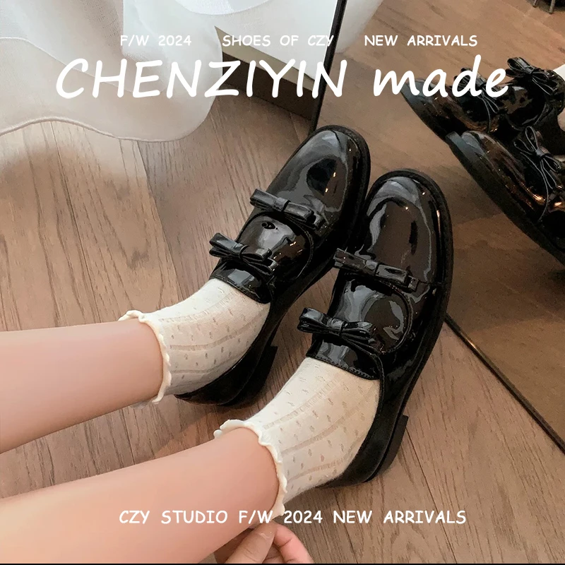 【陈子因】法式蝴蝶结圆头低跟玛丽珍小皮鞋百搭洋气黑色乐福鞋单鞋