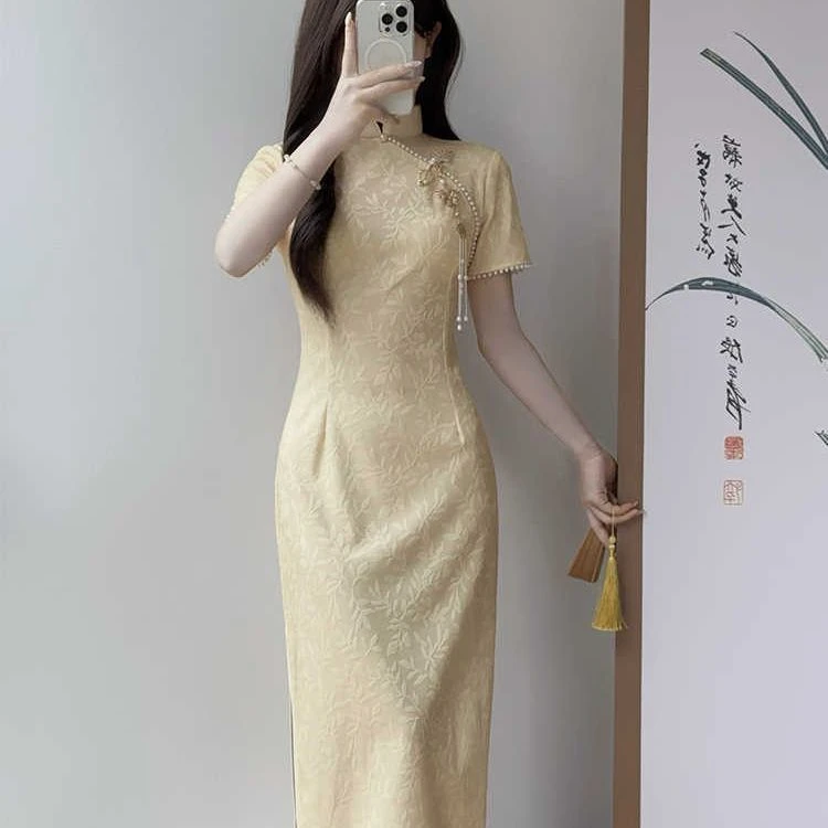 鹅黄色送考新中式日常旗袍2025新款女夏季年轻款小个子气质文艺