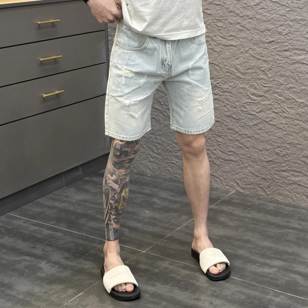 2025春季新款时尚休闲百搭浅色破洞男士牛仔短裤2123