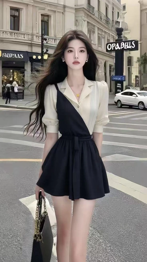 夏季氛围感日常穿搭撞色翻领短袖拼接设计连衣裙女小众气质女装