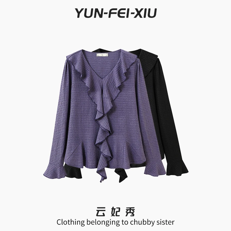 云妃秀大码女装T恤V领荷叶边褶皱时尚休闲宽松显瘦遮肉秋季22358