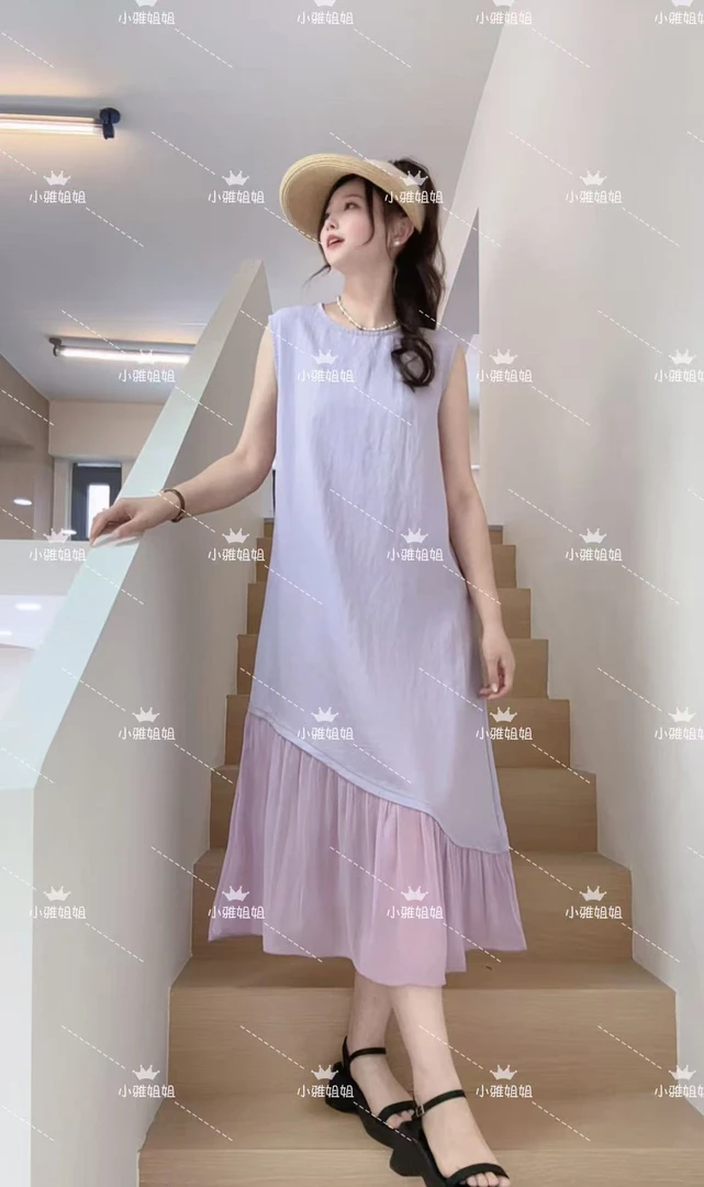 小雅姐姐  法式复古拼接气质度假风无袖背心连衣裙IX44