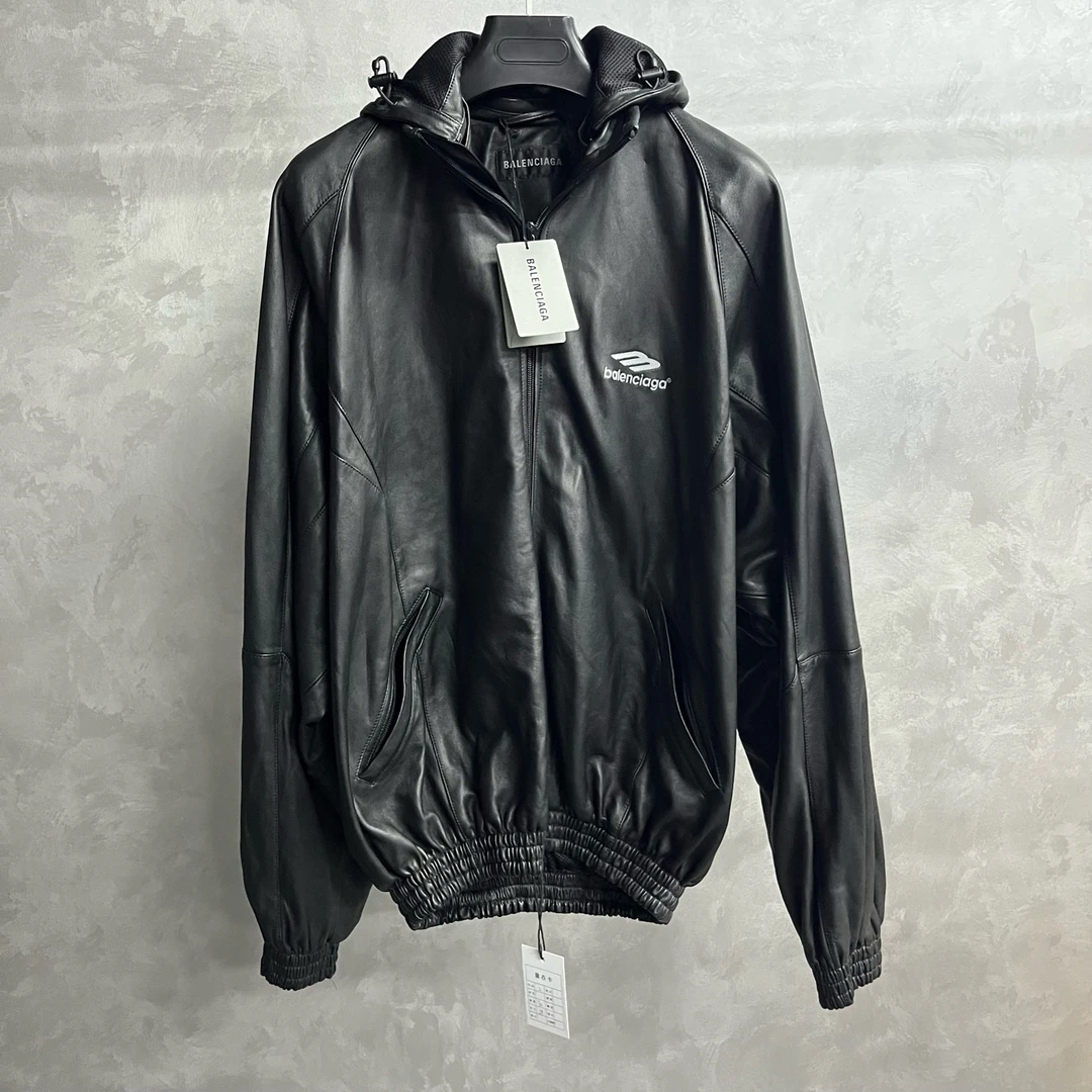 balenciaga 黑色纯色Logo字母印花连帽休闲皮衣/2