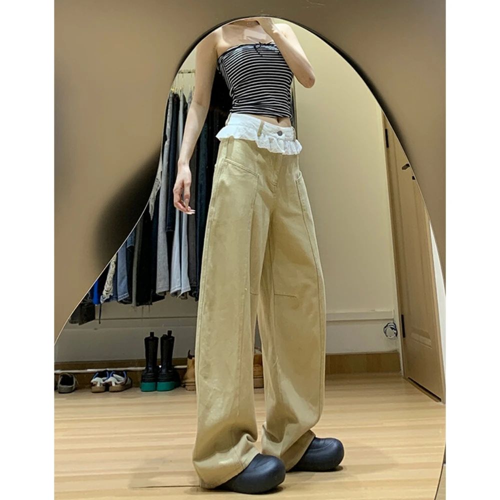 复古小众设计感蕾丝花边拼接牛仔裤女2025秋季休闲百搭宽松阔腿裤