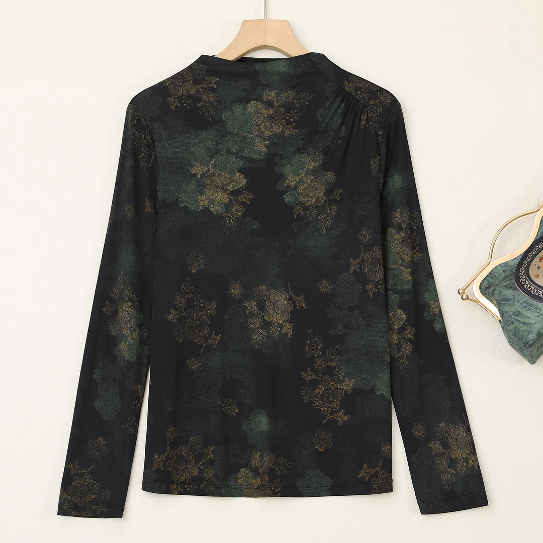 LANZIBES/蓝之蓓真丝自由领印花T恤长袖上衣显瘦气质套头衫C10037