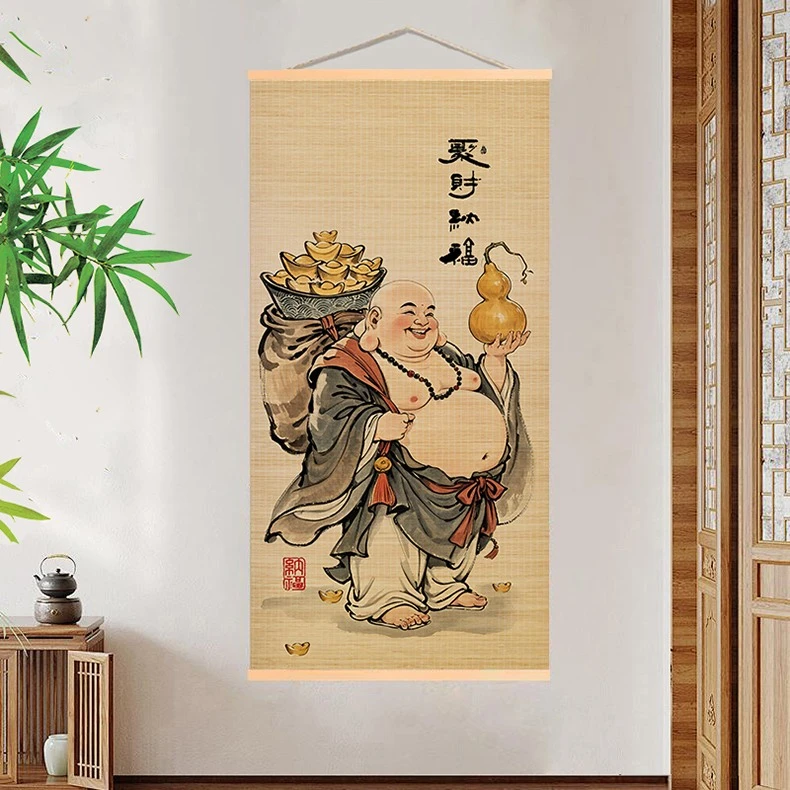 聚财弥勒佛笑面佛禅意竹编挂画书房茶室玄关古风竹帘装饰挂画客厅
