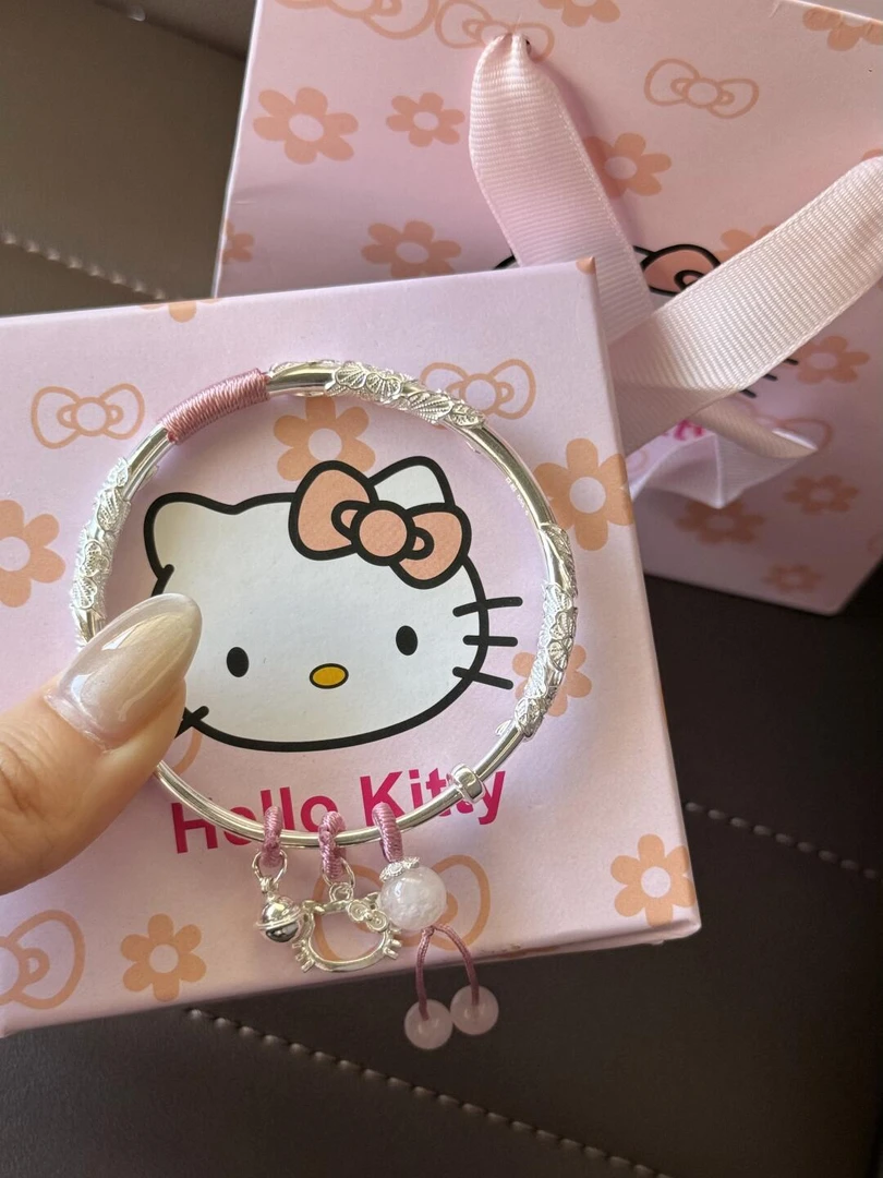 足银手镯 繁花Kitty猫999纯银手镯女520送女友情人节礼物时尚小众