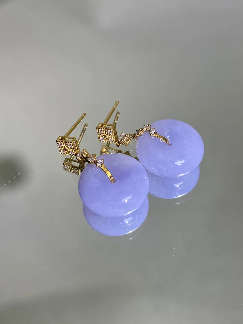 天然缅甸A货翡翠18k金镶平安扣耳饰（裸石15.2/5.6mm)