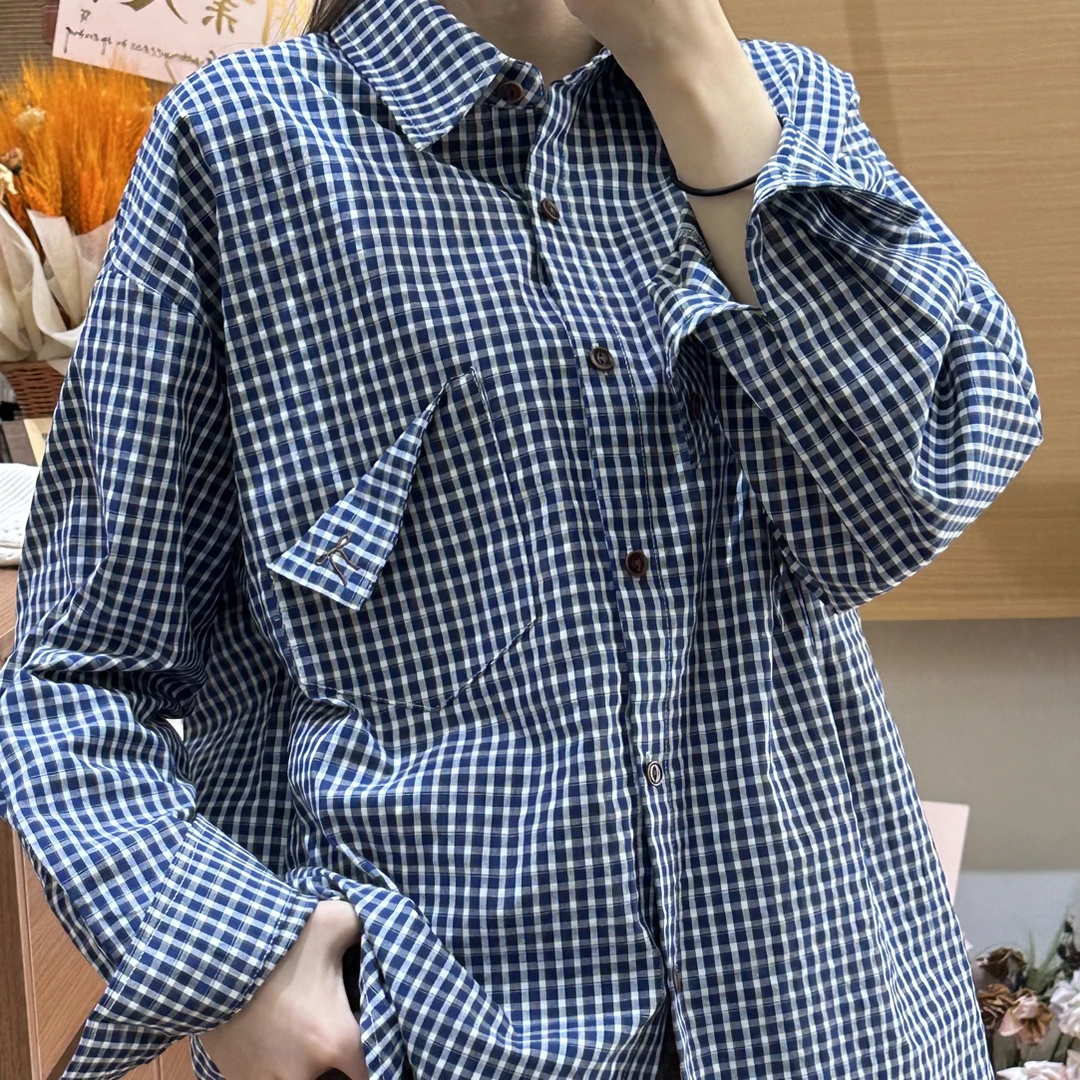 美式复古蓝色格子长袖衬衫女春季宽松休闲外穿