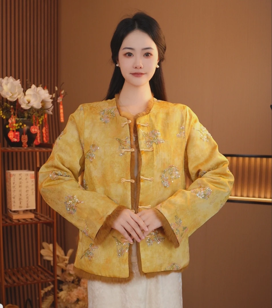 冬日蔷薇中式重工钉珠刺绣天然皮草双穿外套2025D8527芒果广源仓