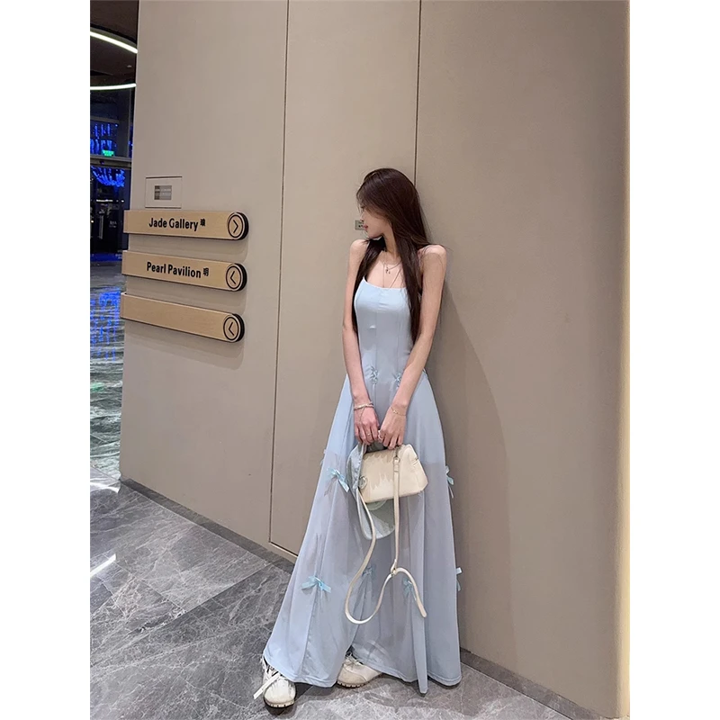 【多重甜妮】2025春季新款重工设计蝴蝶结收腰显瘦中长吊带连衣裙女