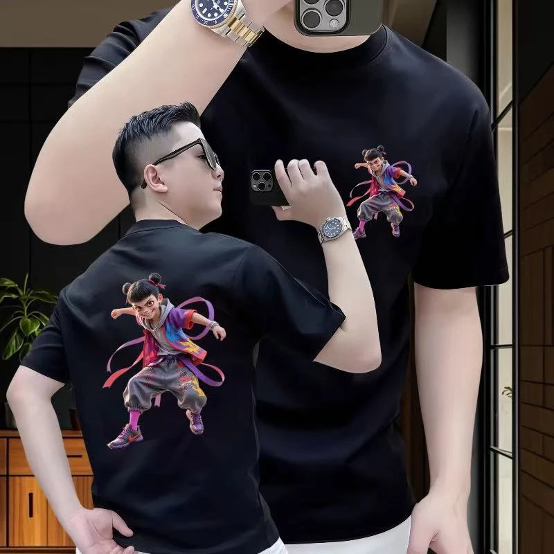 哪吒舞动青春 高品质新款轻奢百搭极简印花流行圆领时尚宽松半袖