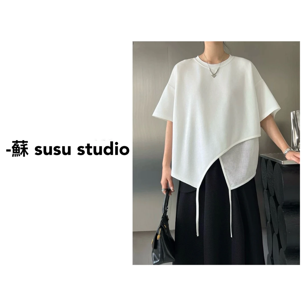 SU 短袖圆领简约常规款潮流不对称小众insT恤短款 H0160