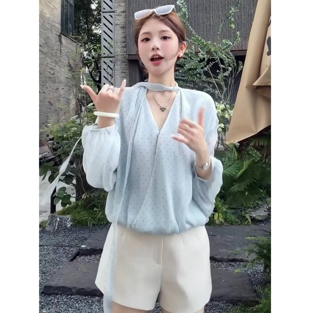 法式气质设计感波点长袖衬衣女2025夏季小众别致上衣百搭阔腿短裤