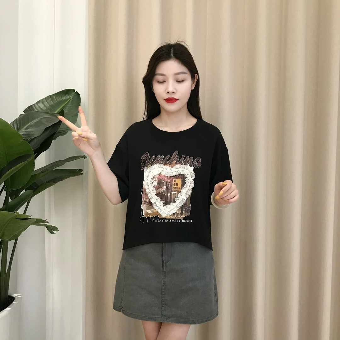 不规则拼接印花短袖T恤女2025夏季新款小衫时尚减龄宽松休闲上衣