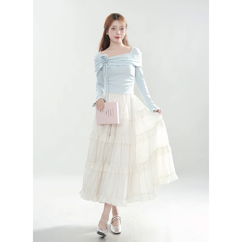 昙花未满 气质蓝色立体小花修身显瘦设计感方领针织上衣半裙套装