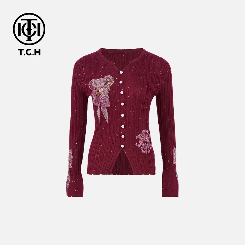 TCH轻奢烫钻工艺蝴蝶结洋气小熊针织开衫女T75A09E5003tch
