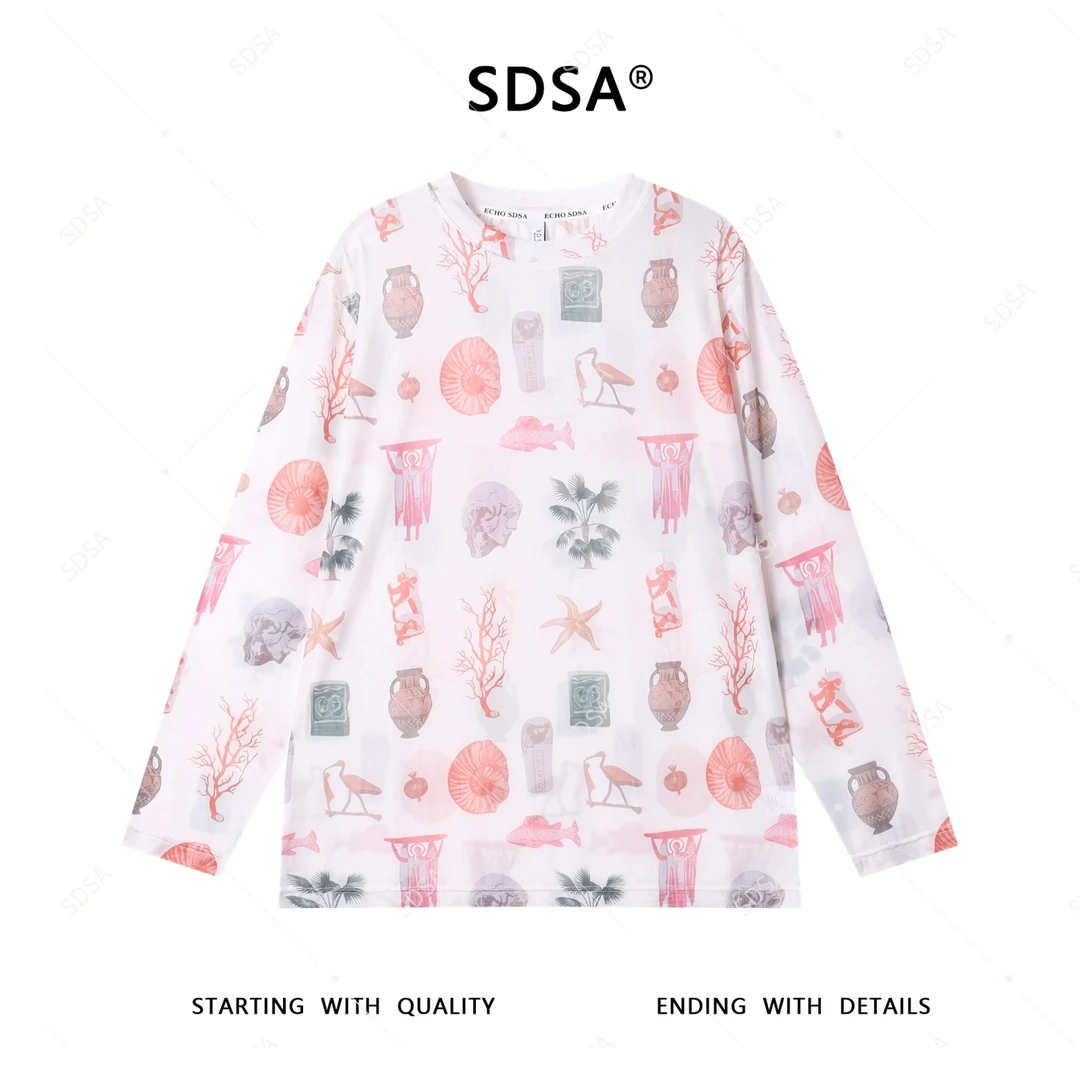 SDSA夏季新款男士痞帅美式潮牌满印抽象图案设计圆领长袖T恤百搭