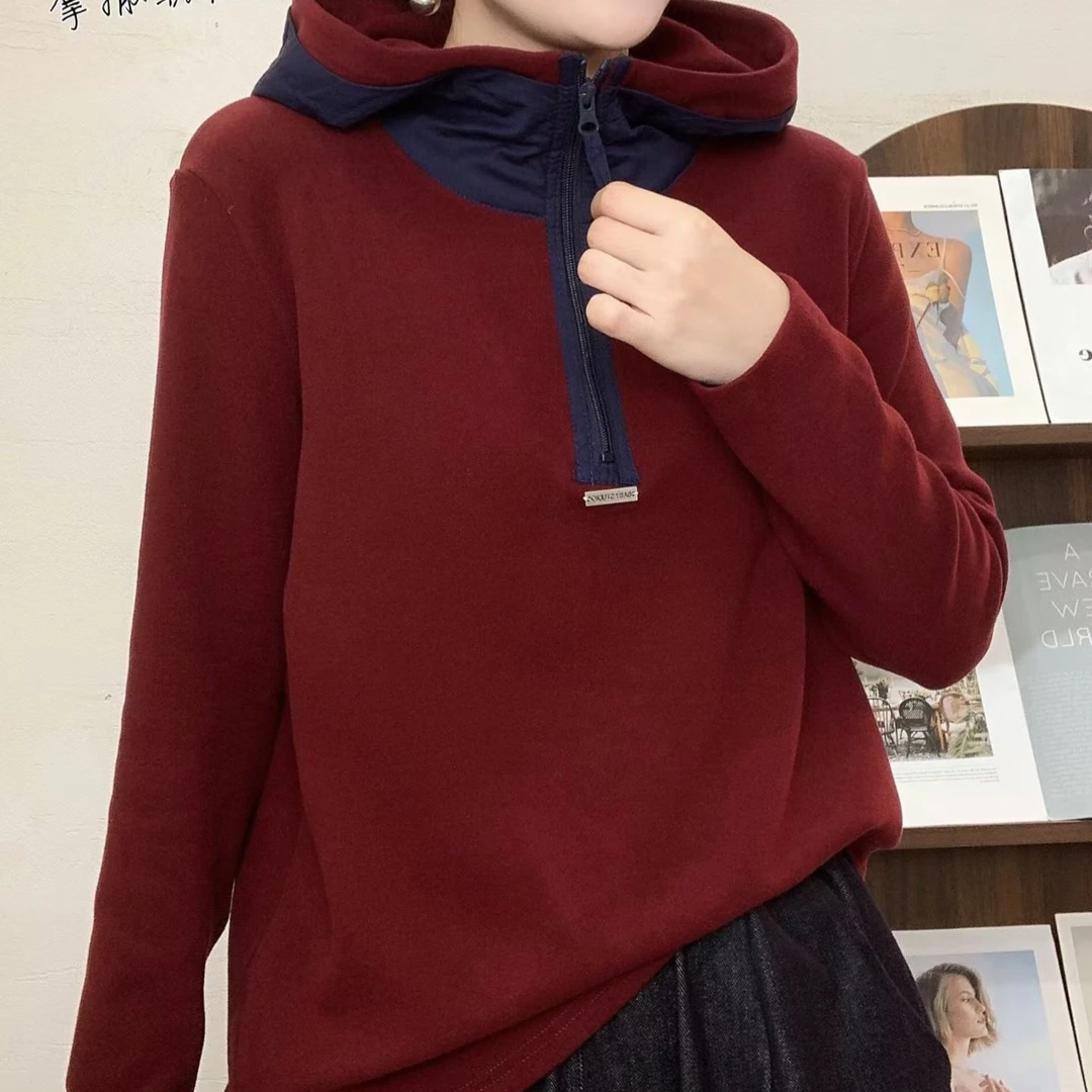 拼接连帽短款厚款拉链欧美风卫衣毛衫针织时尚百搭